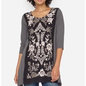 Johnny Was JWLA Nova Geo Floral Embroidered Panel Tunic Womens XS Boho Gray Top